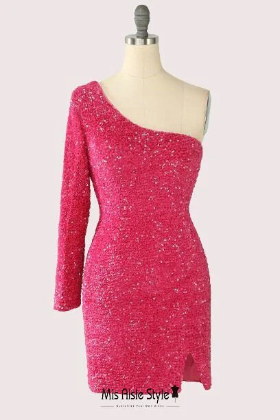 Seasonal Picks Short Single Sleeve Fuchsia Sequins Pageant Dress