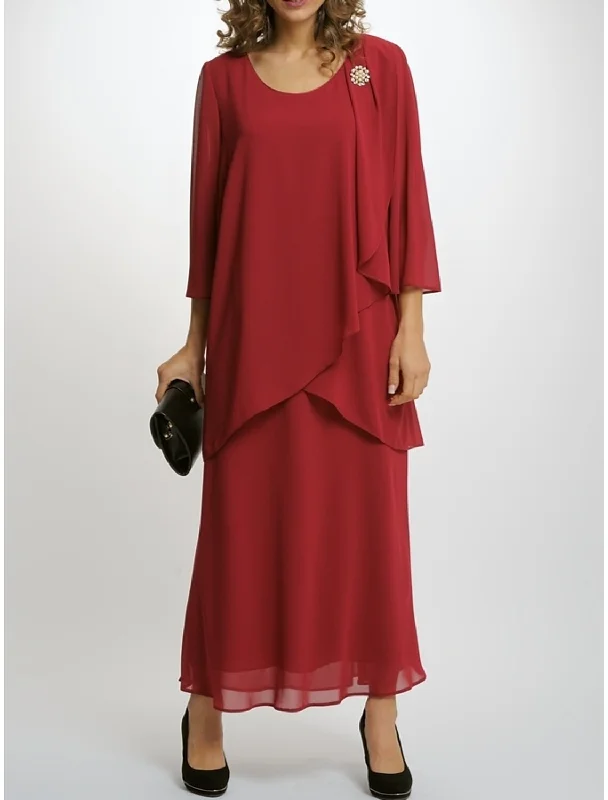 Casual Weekend Relaxed Style Sheath / Column Mother of the Bride Dress Party Simple Elegant Scoop Neck Ankle Length Chiffon 3/4 Length Sleeve with Pleats Crystal Brooch