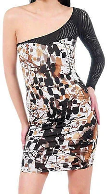 Women's High-Fashion Clothes Dress One Shoulder Paint Splatter Netted Mesh Sleeve Sexy Club Mini Women's High-Fashion Clothes Dress One Shoulder Paint Splatter Netted Mesh Sleeve Sexy Club Mini