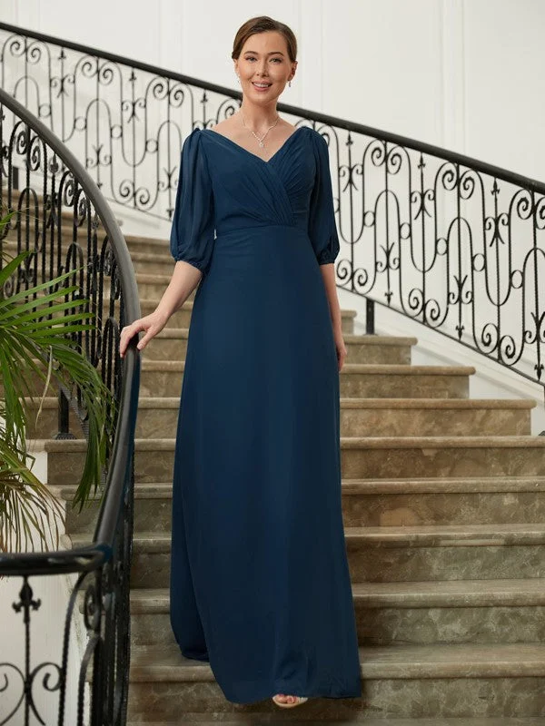 Modern Women's Attire A-Line/Princess Chiffon Ruched V-neck 1/2 Sleeves Floor-Length Mother of the Bride Dresses