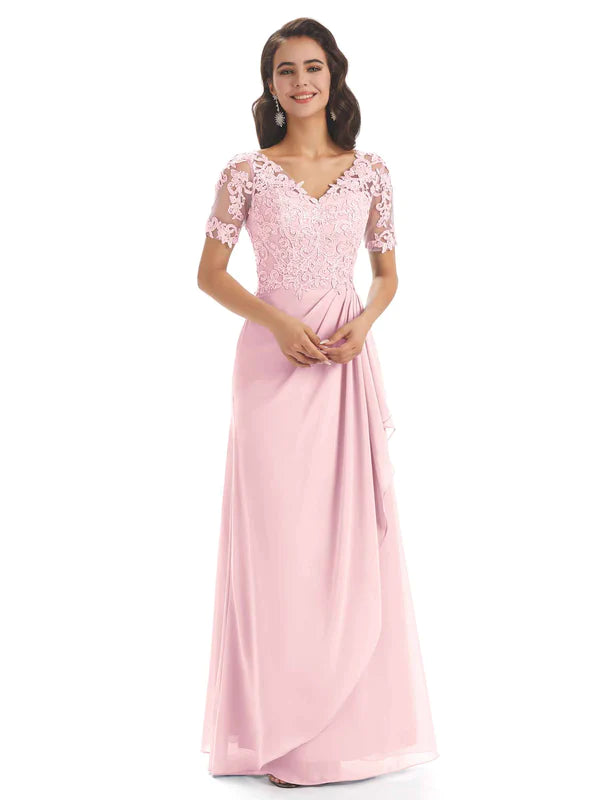 Stay Ahead In Style Elegant Lace Short Sleeves Chiffon V-Neck Floor-Length Mother Of The Bride Dresses In Stock Stay Ahead In Style Elegant Lace Short Sleeves Chiffon V-Neck Floor-Length Mother Of The Bride Dresses In Stock
