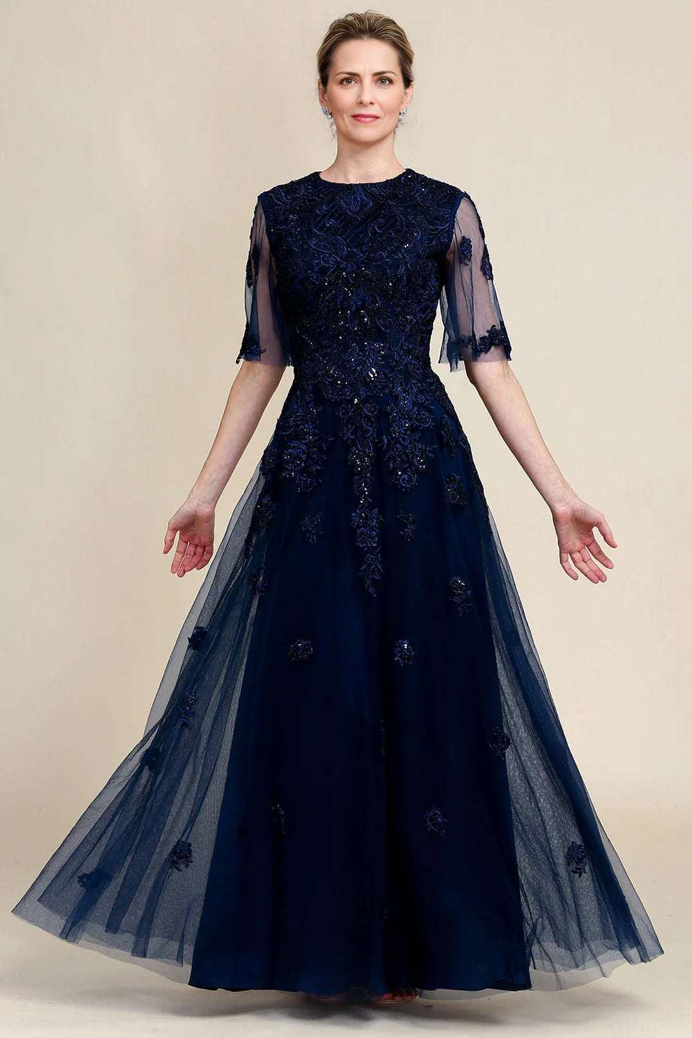 Trendy Street Style Attire Sparkly Navy Beaded Mother of the Bride Dress with Lace