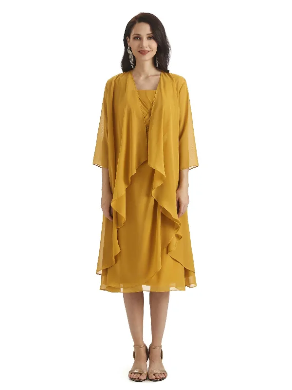 Contemporary Chic Elegant A-line Chiffon Tea Length Short Mother of The Bride Dresses With Jacket Contemporary Chic Elegant A-line Chiffon Tea Length Short Mother of The Bride Dresses With Jacket