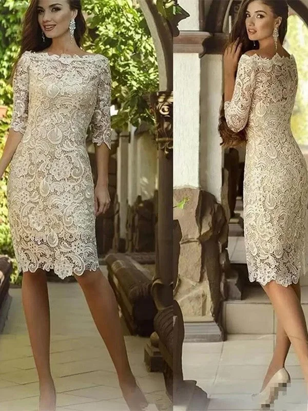 Seasonal Trend Mother of the Bride Dresses Sheath Column Lace Applique Off-the-Shoulder 3/4 Sleeves Knee Length Seasonal Trend Mother of the Bride Dresses Sheath Column Lace Applique Off-the-Shoulder 3/4 Sleeves Knee Length