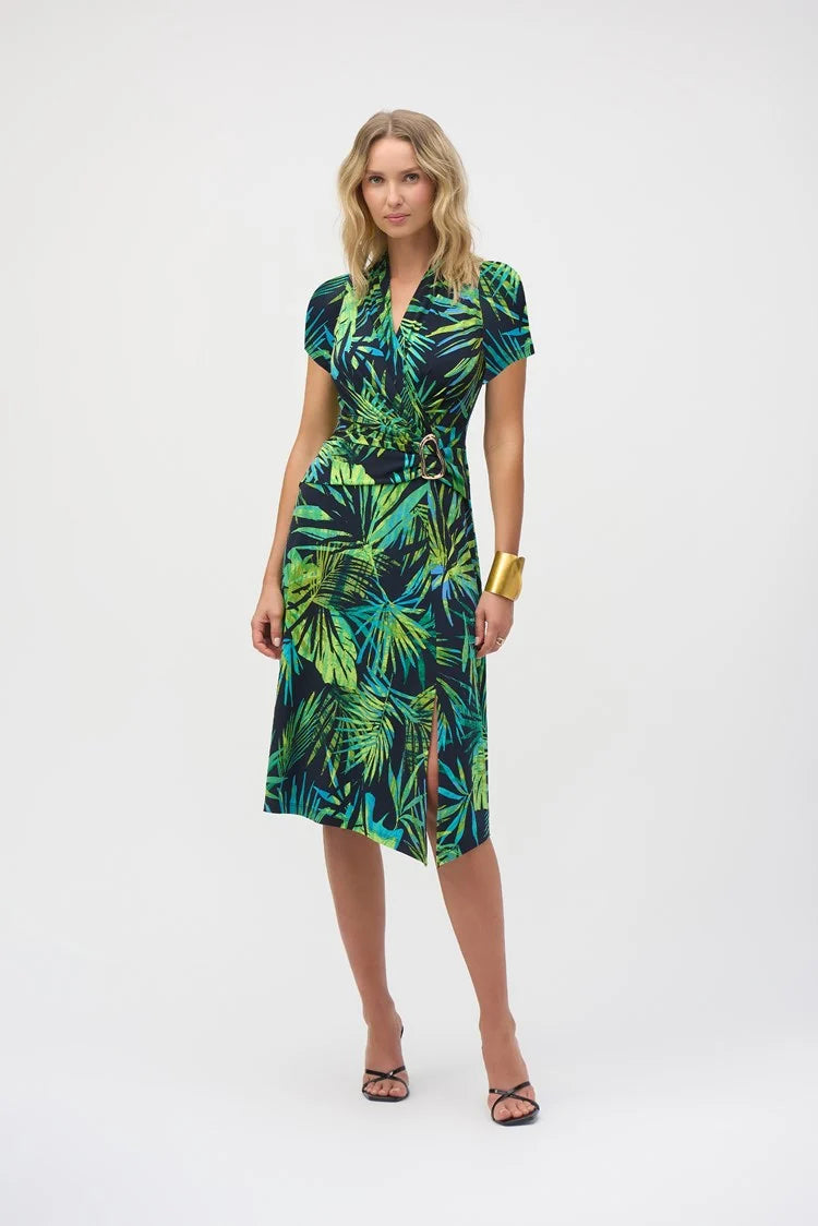Classic Appeal Joseph Ribkoff Midnight Blue/Multi Silky Knit Tropical Print Fit and Flare Dress