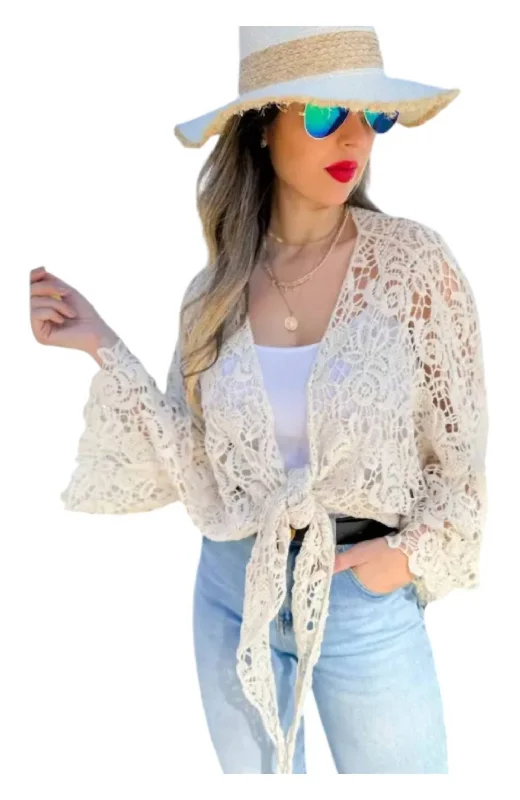 Women's Professional Clothes Crochet Bell Sleeve Cardigan Coverup In Ivory