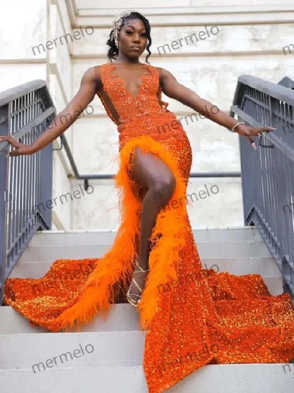 Limited Stock Orange Sparkly African Evening Reception Dresses