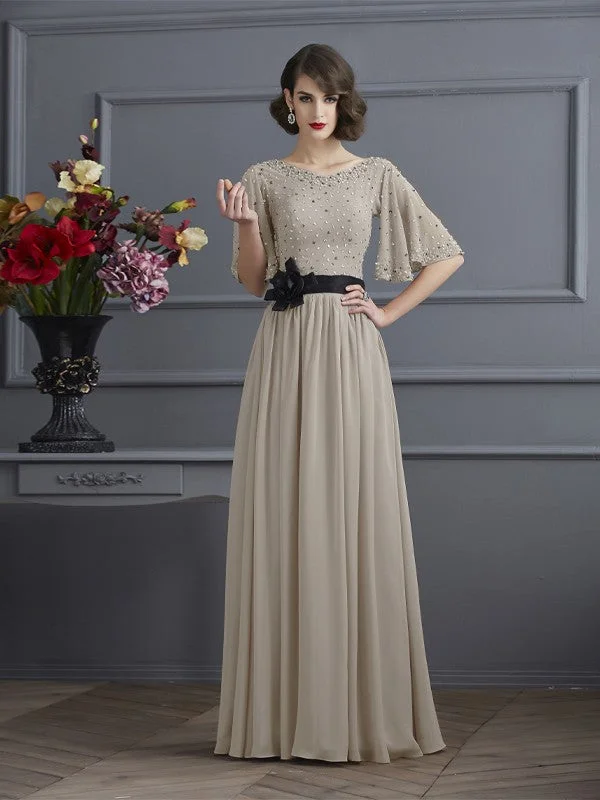 Top Deals A-Line/Princess High Neck 1/2 Sleeves Beading Long Chiffon Dresses