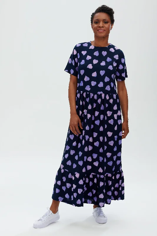 Women's Evening Wear Outfit Vicky Batik Smock Dress | Big Hearts (Navy/Lilac)