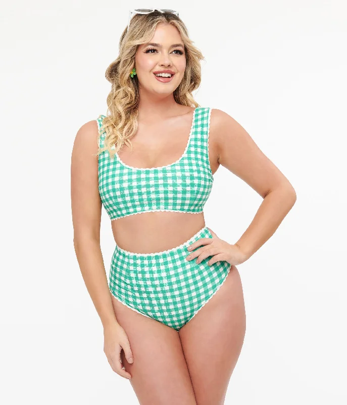 Women's Luxury Garments Green & White Gingham Bikini Bottoms