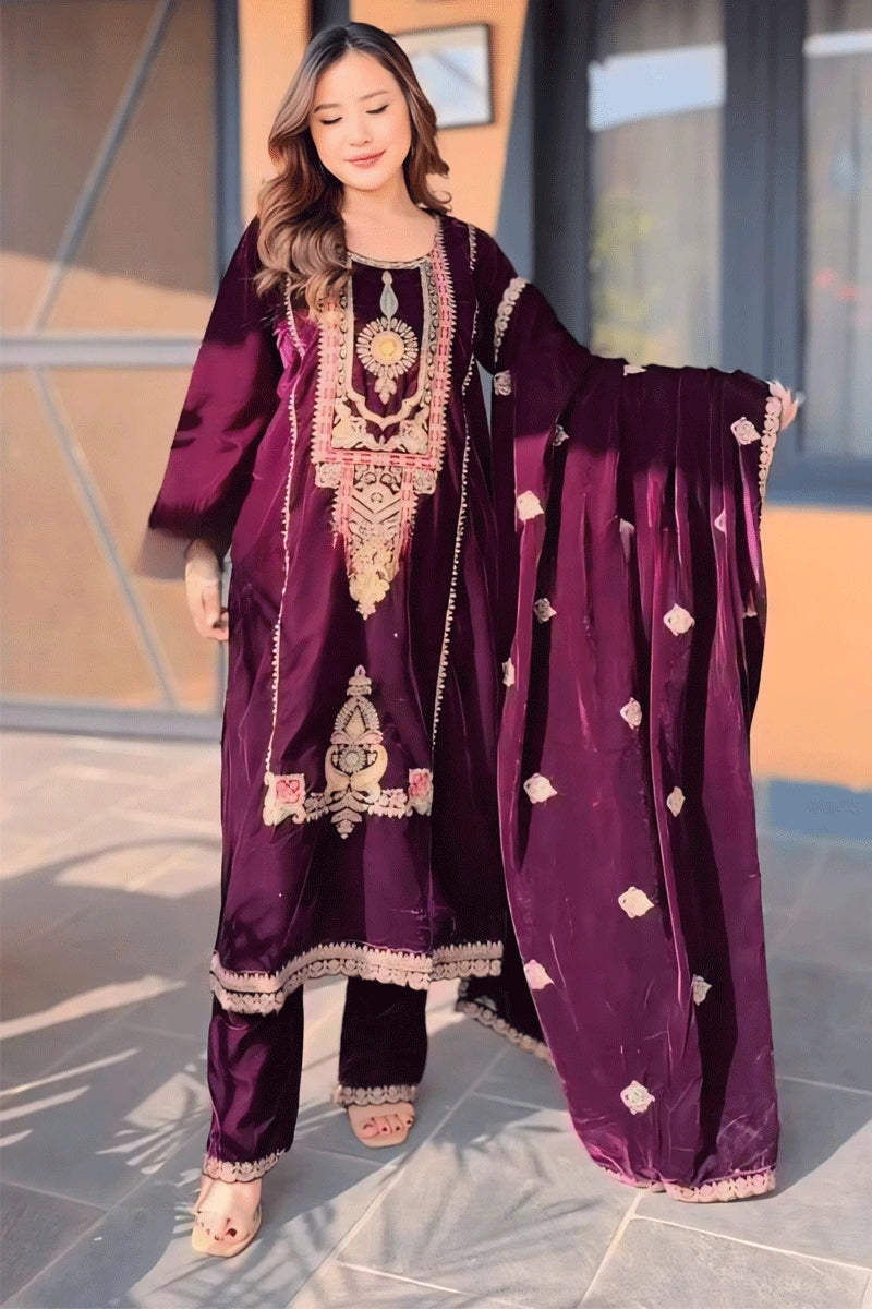 Comfortable Casual Wear Embroidery Work Purple Color Velvet Dress For Lohri