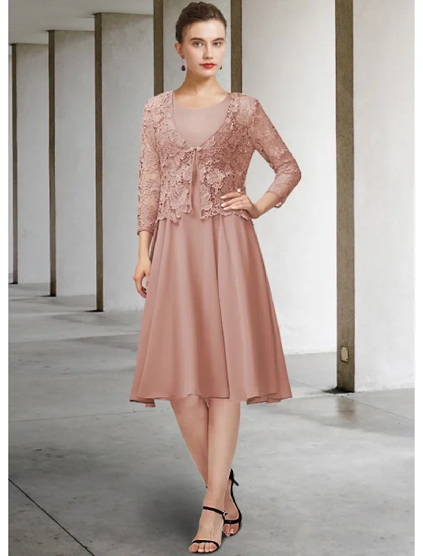 Women's Casual Outfit Two Piece A-Line Mother of the Bride Dress Elegant Jewel Neck Knee Length Chiffon Lace 3/4 Length Sleeve with Bow(s) Appliques Women's Casual Outfit Two Piece A-Line Mother of the Bride Dress Elegant Jewel Neck Knee Length Chiffon Lace 3/4 Length Sleeve with Bow(s) Appliques