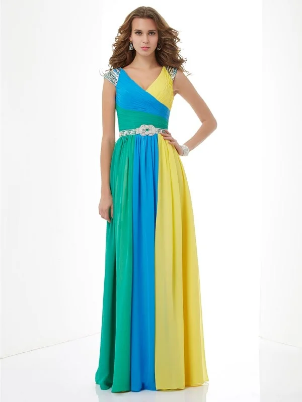 Flash Discount A-Line/Princess V-neck Short Sleeves Beading Long Chiffon Dresses