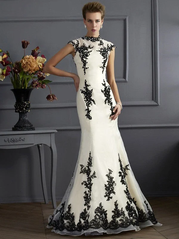 Vintage Retro Party Wear Trumpet/Mermaid High Neck Short Sleeves Applique Long Organza Mother of the Bride Dresses