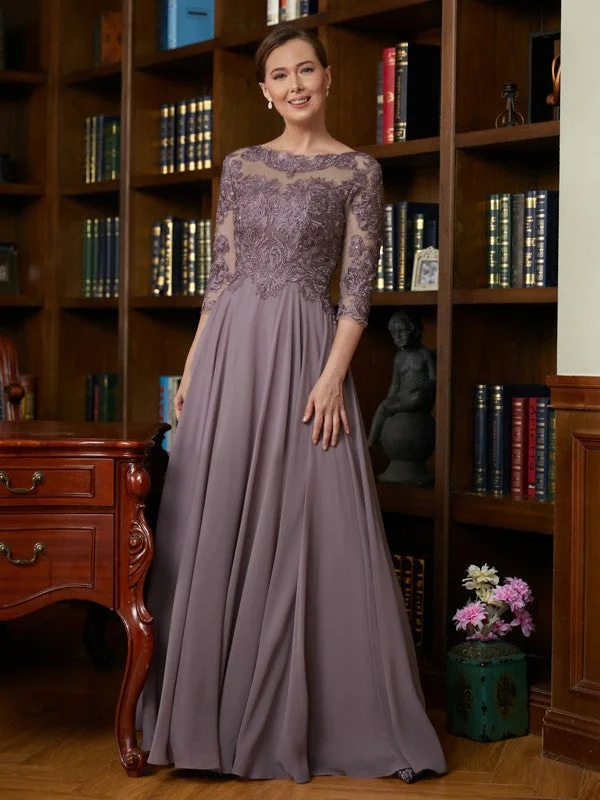 Vibrant Femme Fashion A-Line/Princess Chiffon Lace Scoop 3/4 Sleeves Floor-Length Mother of the Bride Dresses