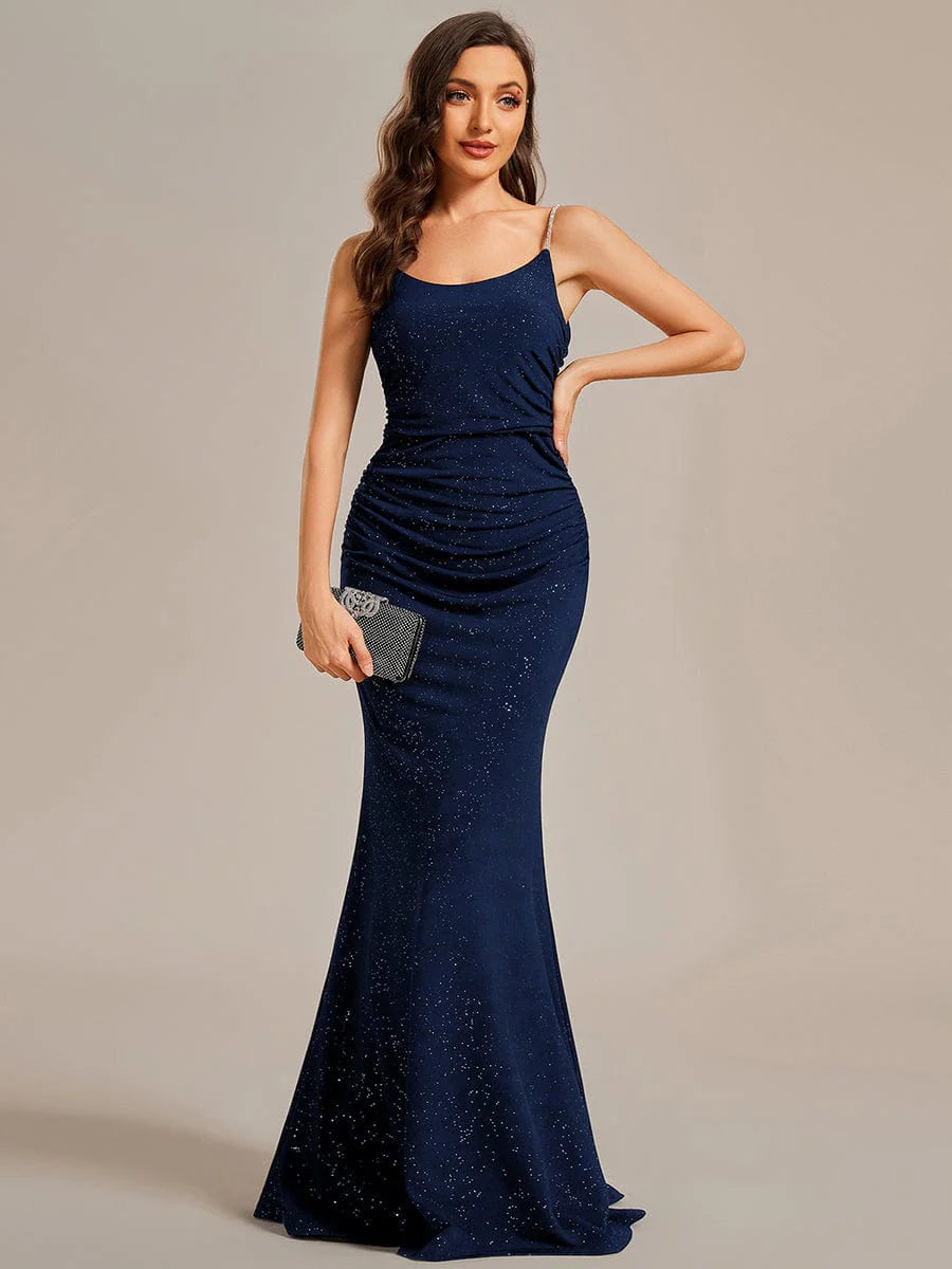 Comfort Meets Fashion Low back rushed ball dress with sparkling straps in navy wide