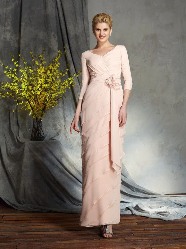 Shop Our Looks Sheath/Column V-neck Hand-Made Flower 3/4 Sleeves Long Chiffon Mother of the Bride Dresses Shop Our Looks Sheath/Column V-neck Hand-Made Flower 3/4 Sleeves Long Chiffon Mother of the Bride Dresses