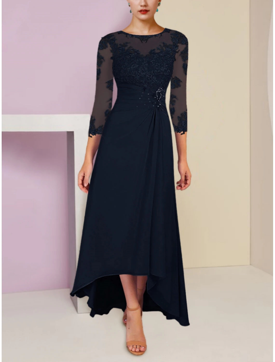 Women's Resort Attire A-Line Mother of the Bride Dress Scoop Neck Asymmetrical Ankle Length Chiffon 3/4 Length Sleeve with Lace Sequin Ruching Women's Resort Attire A-Line Mother of the Bride Dress Scoop Neck Asymmetrical Ankle Length Chiffon 3/4 Length Sleeve with Lace Sequin Ruching