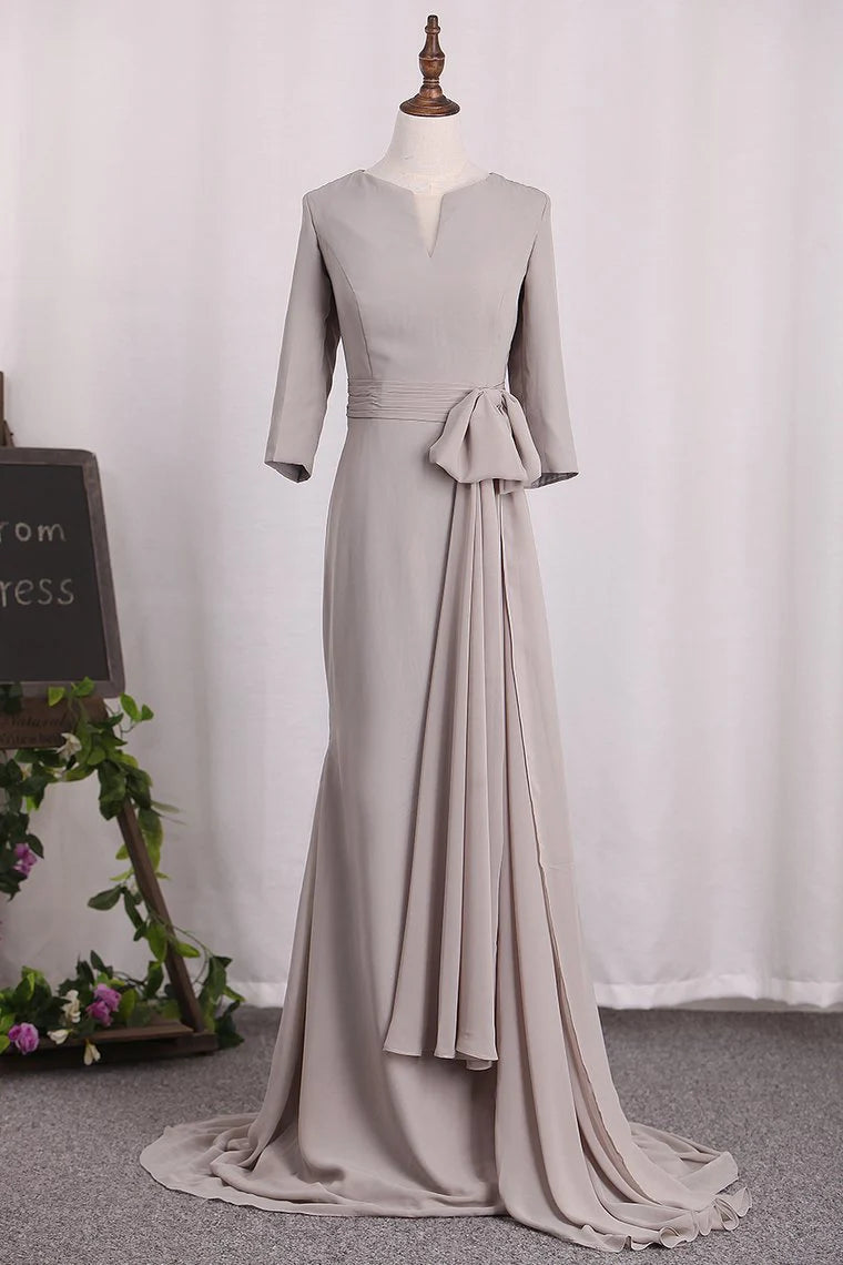 Seize Bargains Mother Of The Bride Dresses Mermaid 3/4 Length Sleeves Chiffon Scoop With Sash Seize Bargains Mother Of The Bride Dresses Mermaid 3/4 Length Sleeves Chiffon Scoop With Sash