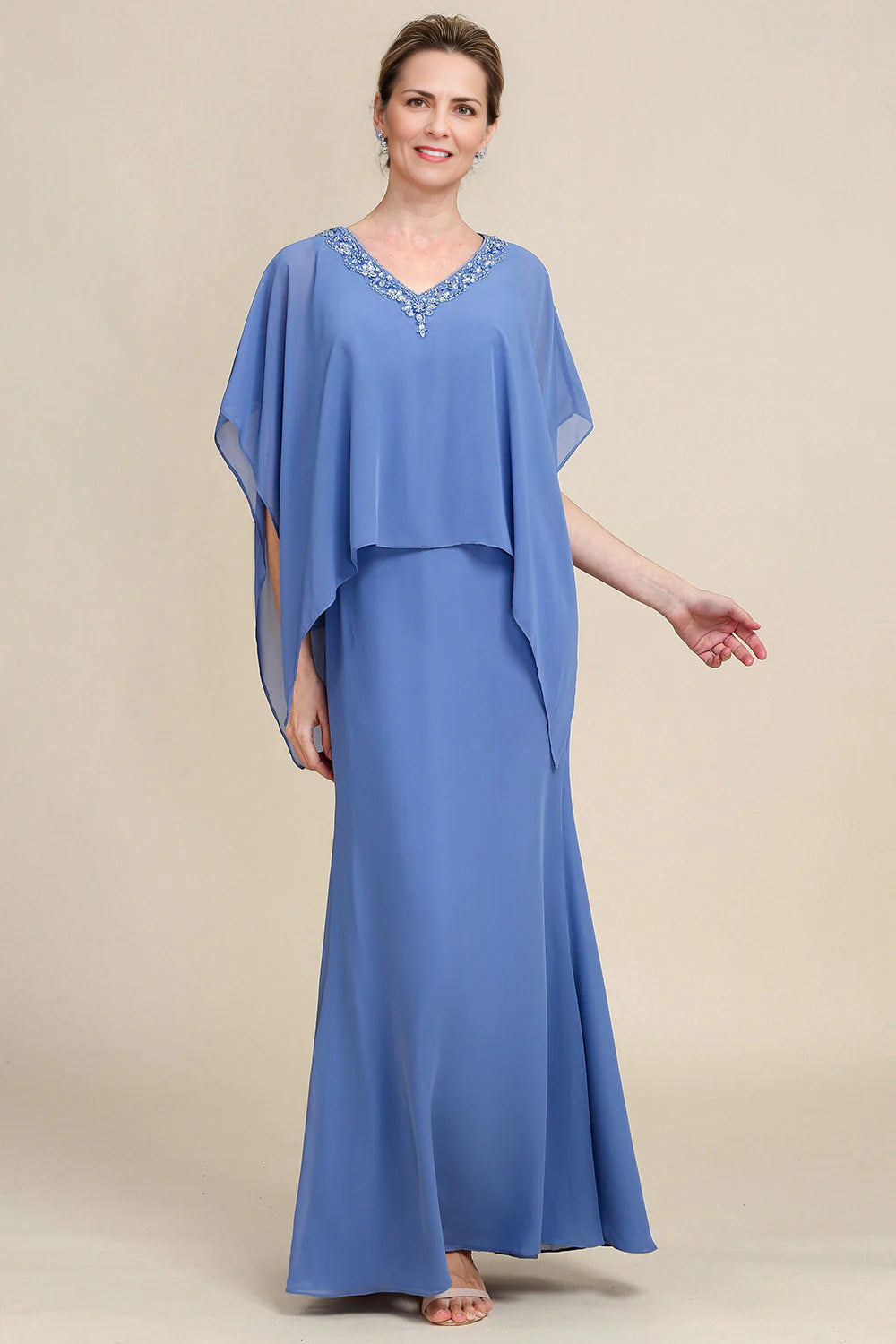 Affordable Women's Clothes Grey Blue Sparkly Beaded Batwing Sleeves Mother of the Bride Dress Affordable Women's Clothes Grey Blue Sparkly Beaded Batwing Sleeves Mother of the Bride Dress