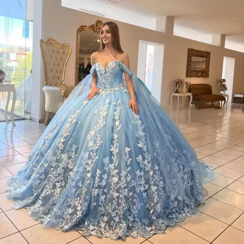 End Of Season Sale Glittering Light Blue Butterfly Quinceanera Dresses Off-Shoulder Luxury Lace Vestidos De 15 Anos Birthday Party End Of Season Sale Glittering Light Blue Butterfly Quinceanera Dresses Off-Shoulder Luxury Lace Vestidos De 15 Anos Birthday Party