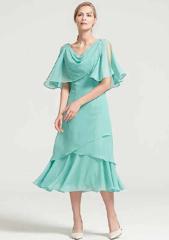 Women's Comfy Loungewear Outfit Tea-Length Chiffon Mother of the Bride Dress With Side Draping Crystal Detailing Ruffles Women's Comfy Loungewear Outfit Tea-Length Chiffon Mother of the Bride Dress With Side Draping Crystal Detailing Ruffles
