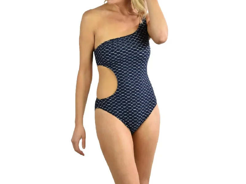 Women's Everyday Attire Wave Stretch Jacquard One Shoulder Tank One Piece In Navy/white Women's Everyday Attire Wave Stretch Jacquard One Shoulder Tank One Piece In Navy/white