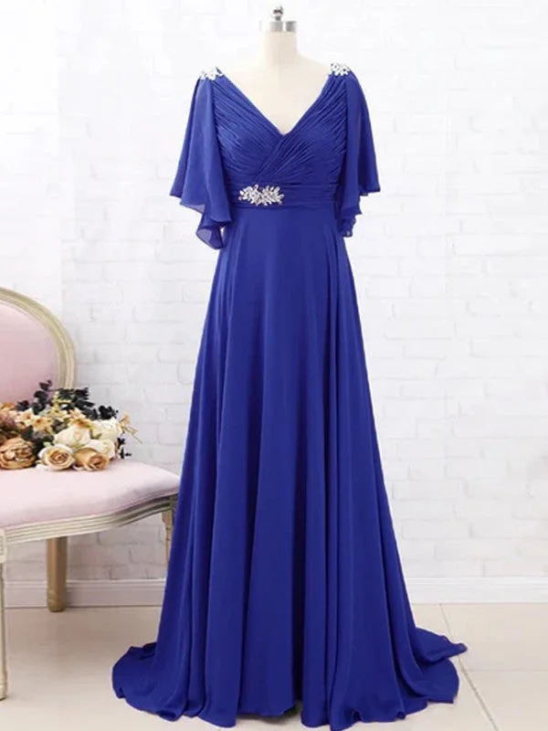 Elegant Contour Mother of the Bride Dresses A-Line Chiffon Beading V-neck Short Sleeves Sweep Elegant Contour Mother of the Bride Dresses A-Line Chiffon Beading V-neck Short Sleeves Sweep
