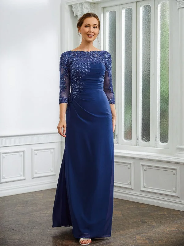 Elegant Women's Clothing Online Sheath/Column Chiffon Applique Bateau 3/4 Sleeves Floor-Length Mother of the Bride Dresses Elegant Women's Clothing Online Sheath/Column Chiffon Applique Bateau 3/4 Sleeves Floor-Length Mother of the Bride Dresses
