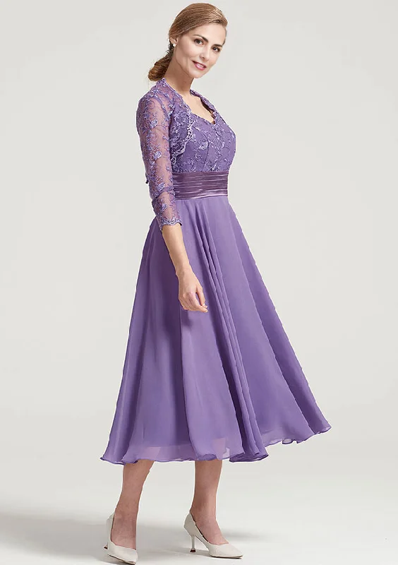 Women's Outdoor Attire A-line Tea-Length Chiffon Mother of the Bride Dress With Jacket Lace Pleated Women's Outdoor Attire A-line Tea-Length Chiffon Mother of the Bride Dress With Jacket Lace Pleated