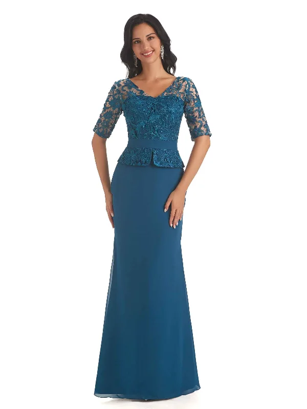 Vintage Charm Elegant V-neck Mermaid Short Sleeves Lace Chiffon Mother of The Bride Dresses Vintage Charm Elegant V-neck Mermaid Short Sleeves Lace Chiffon Mother of The Bride Dresses