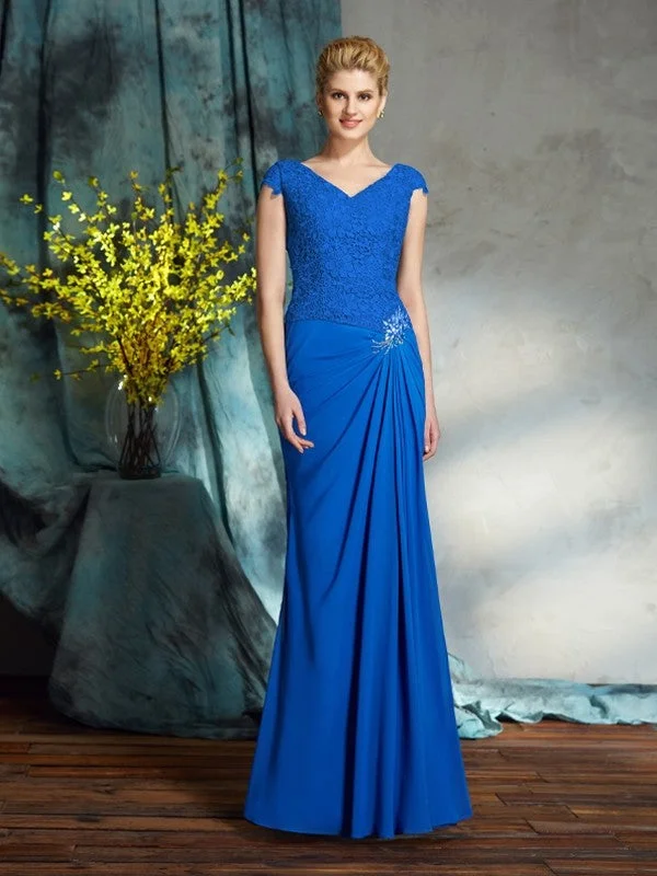 Wardrobe Essentials Sheath/Column V-neck Lace Short Sleeves Long Chiffon Mother of the Bride Dresses