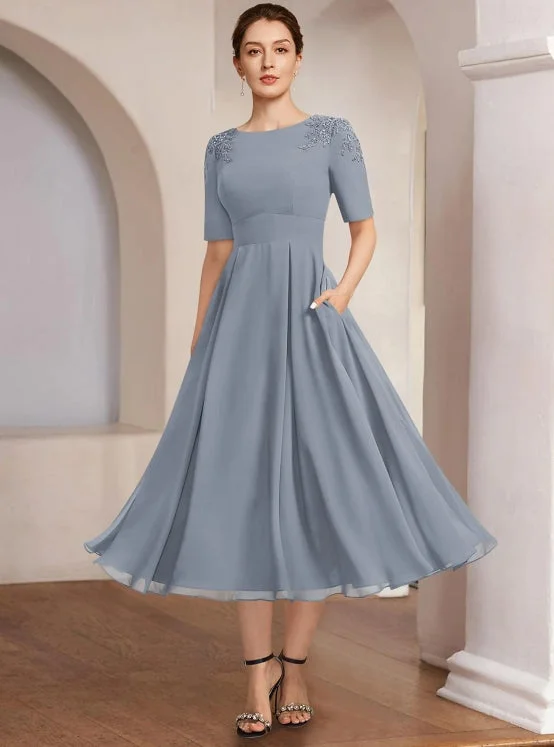 Women's Vintage-Inspired Clothing A-Line Mother of the Bride Dress Tea Length Chiffon Half Sleeve with Lace Women's Vintage-Inspired Clothing A-Line Mother of the Bride Dress Tea Length Chiffon Half Sleeve with Lace