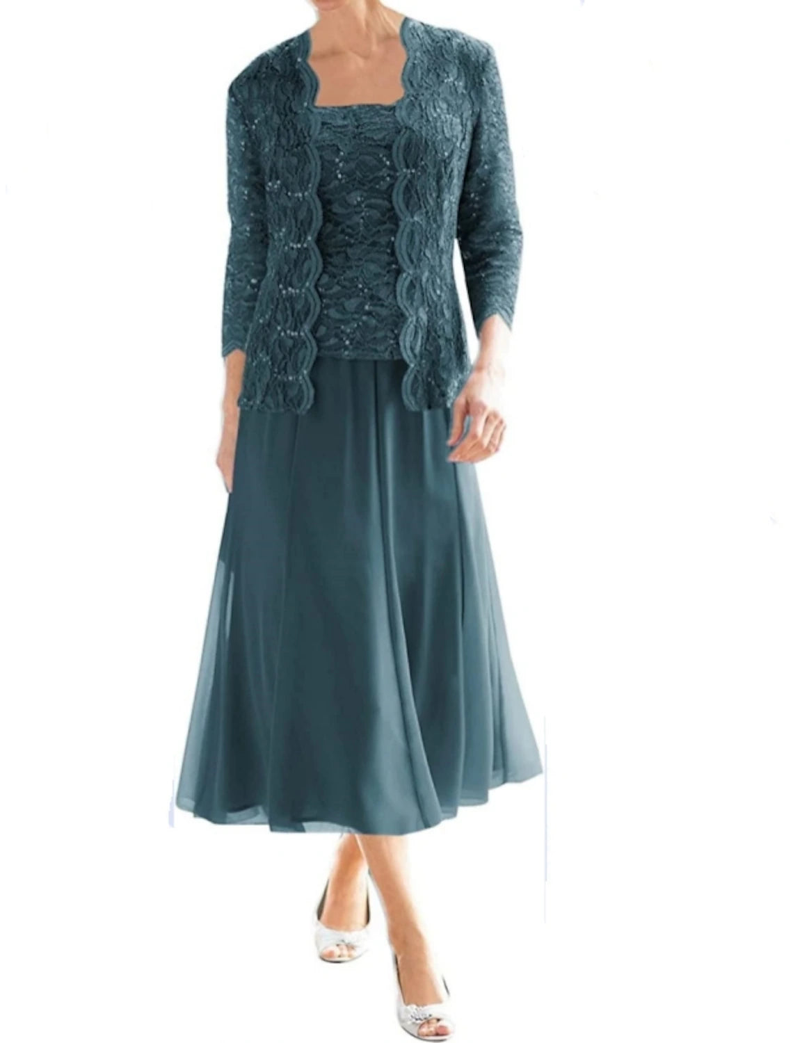 Women's Active Clothing Two Piece Sheath / Column Mother of the Bride Dress Sparkle & Shine Vintage Elegant Square Neck Tea Length Chiffon Lace 3/4 Length Sleeve with Pleats Sequin Women's Active Clothing Two Piece Sheath / Column Mother of the Bride Dress Sparkle & Shine Vintage Elegant Square Neck Tea Length Chiffon Lace 3/4 Length Sleeve with Pleats Sequin