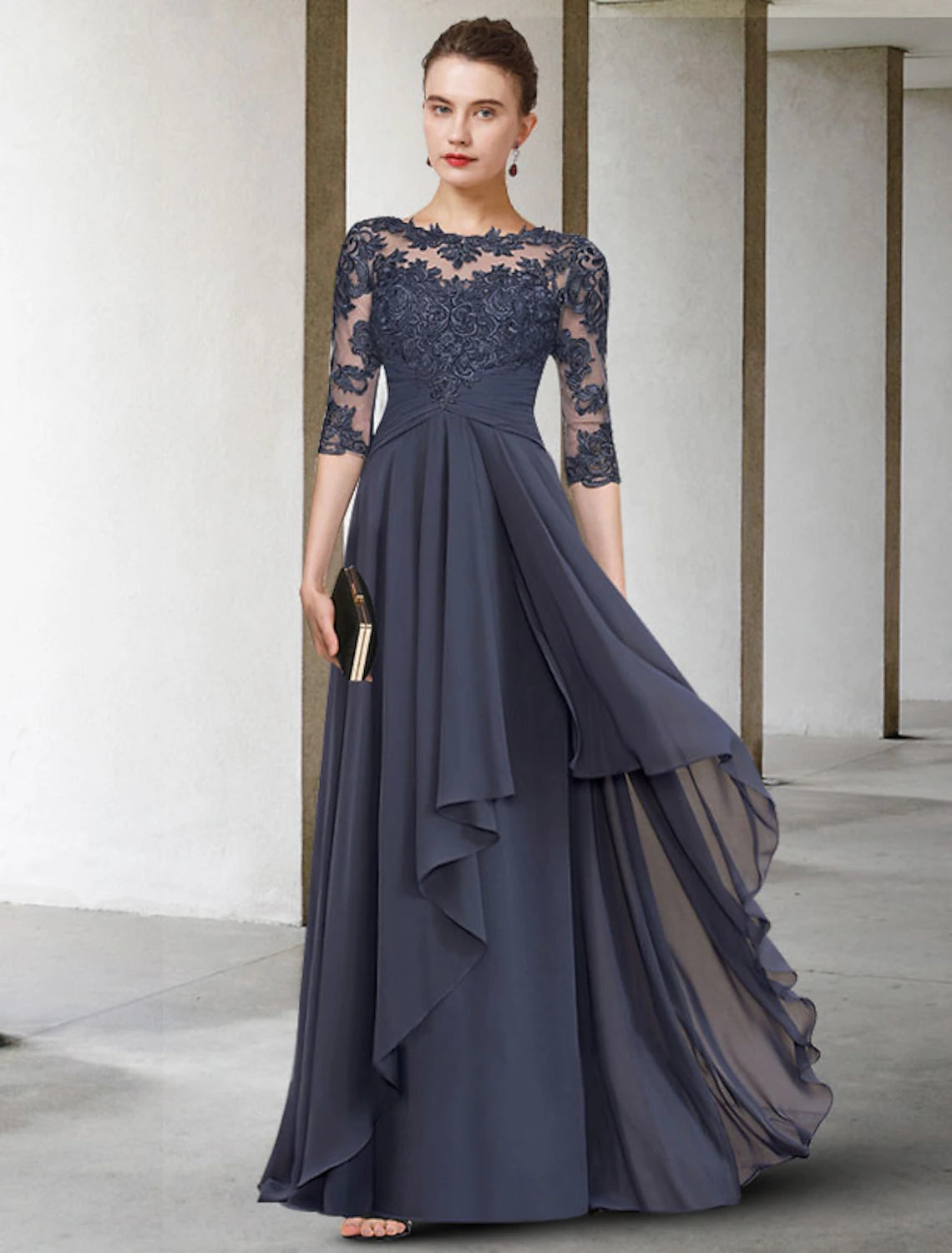Vibrant Prints A-Line Mother of the Bride Dress Plus Size Elegant Jewel Neck Floor Length Chiffon Lace 3/4 Length Sleeve with Pleats Ruched Appliques Vibrant Prints A-Line Mother of the Bride Dress Plus Size Elegant Jewel Neck Floor Length Chiffon Lace 3/4 Length Sleeve with Pleats Ruched Appliques