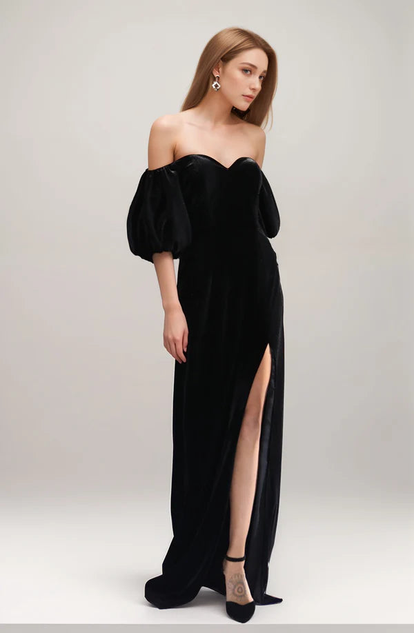 Fashion Forward, Function First Sexy Puff 3/4 sleeves off-the-shoulder sheath thigh slit Velvet Dress