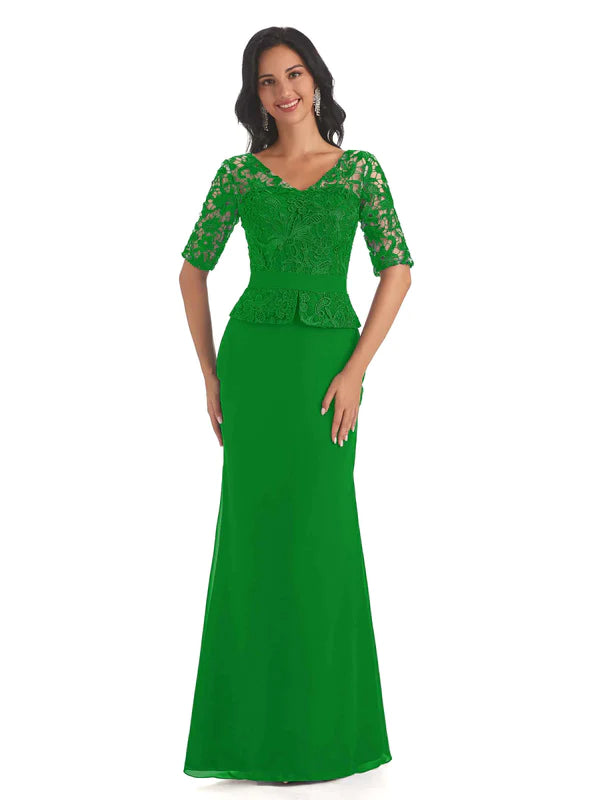 Dive Into Trendy Styles Elegant V-neck Mermaid Lace Chiffon Mother of The Bride Dresses In Stock Dive Into Trendy Styles Elegant V-neck Mermaid Lace Chiffon Mother of The Bride Dresses In Stock