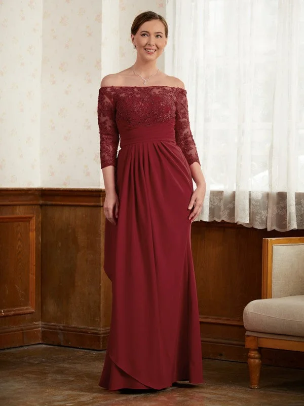 Women's Trendy Outfits A-Line/Princess Stretch Crepe Lace Off-the-Shoulder 3/4 Sleeves Floor-Length Mother of the Bride Dresses Women's Trendy Outfits A-Line/Princess Stretch Crepe Lace Off-the-Shoulder 3/4 Sleeves Floor-Length Mother of the Bride Dresses