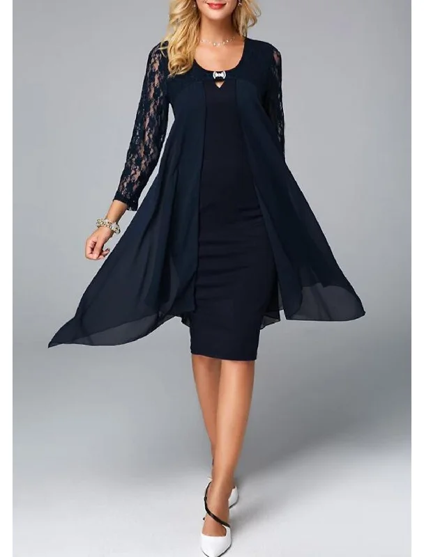 Exclusive Deals Online Sheath / Column Mother of the Bride Dress Plus Size Jewel Neck Knee Length Chiffon 3/4 Length Sleeve with Lace Crystals Exclusive Deals Online Sheath / Column Mother of the Bride Dress Plus Size Jewel Neck Knee Length Chiffon 3/4 Length Sleeve with Lace Crystals