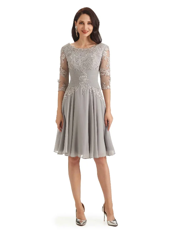 Women Fashion Elegant Scoop Lace Chiffon Half Sleeves Knee Length Short Mother Of The Bride Dresses Women Fashion Elegant Scoop Lace Chiffon Half Sleeves Knee Length Short Mother Of The Bride Dresses