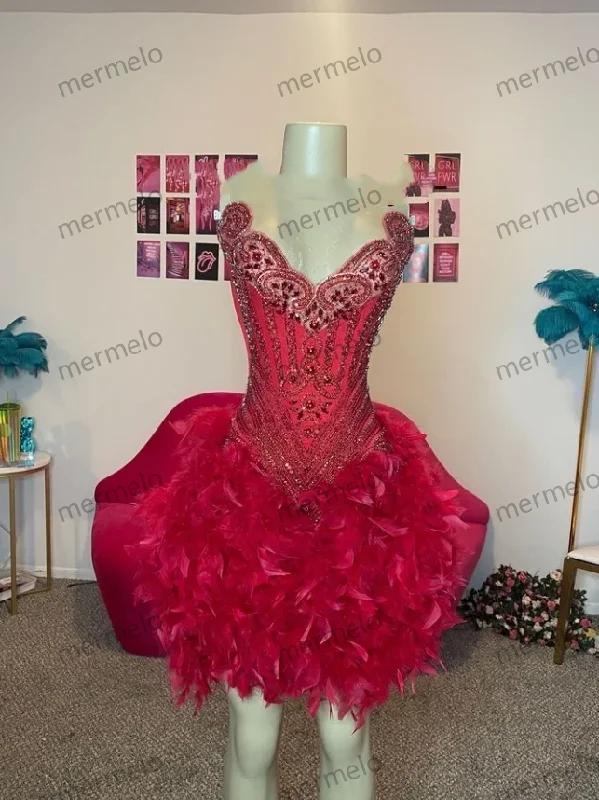 Fashion Sale Luxurious Red Feather Short Cocktail Dresses Sexy Beaded Crystal Rhinestone Fashion Sale Luxurious Red Feather Short Cocktail Dresses Sexy Beaded Crystal Rhinestone