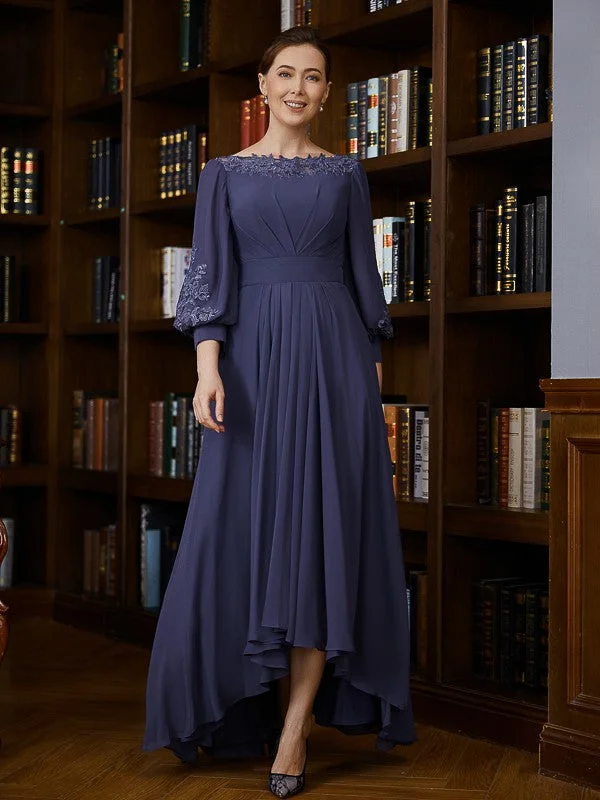 Daily Essentials A-Line/Princess Chiffon Ruched Bateau 3/4 Sleeves Asymmetrical Mother of the Bride Dresses