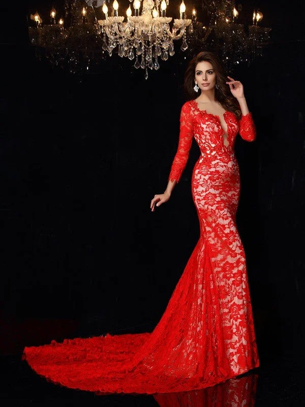 Valentine's Special Sheath/Column Scoop Lace 3/4 Sleeves Long Lace Dresses