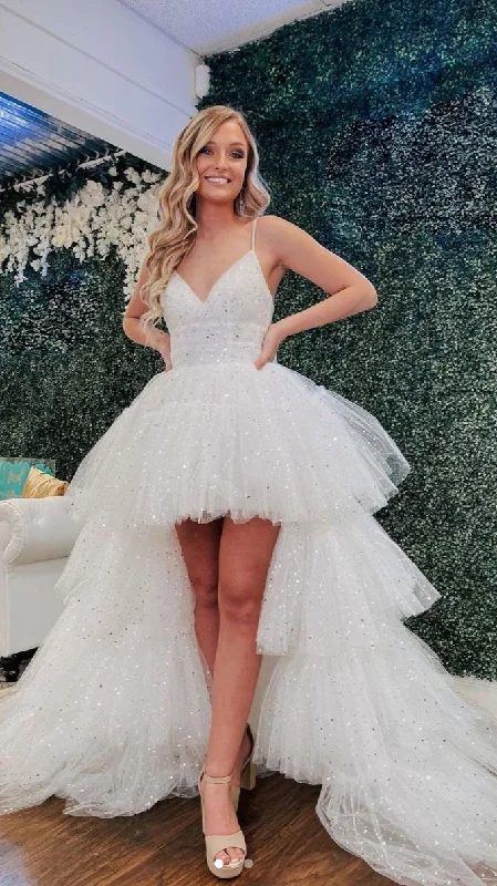 Trend Setting Threads Sexy High Low White Sparkle Pageant Dress
