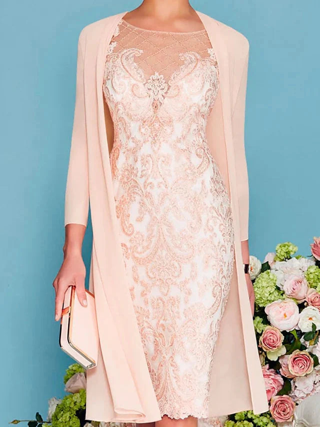 Holiday Attire Sale Mother of the Bride Dress Elegant Illusion Neck Knee Length 3/4 Sleeve Sheath Column with Embroidery Holiday Attire Sale Mother of the Bride Dress Elegant Illusion Neck Knee Length 3/4 Sleeve Sheath Column with Embroidery