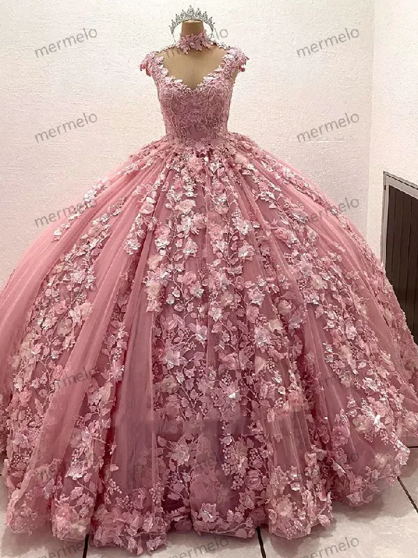 Fashion For Every Occasion Pink 3D Flowers Quinceanera Dresses Luxury Pearls Beading Appliques Fashion For Every Occasion Pink 3D Flowers Quinceanera Dresses Luxury Pearls Beading Appliques