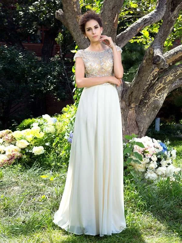 Fashion Forward Style A-Line/Princess Sheer Neck Rhinestone Short Sleeves Long Chiffon Dresses # Fashion Forward Style A-Line/Princess Sheer Neck Rhinestone Short Sleeves Long Chiffon Dresses #