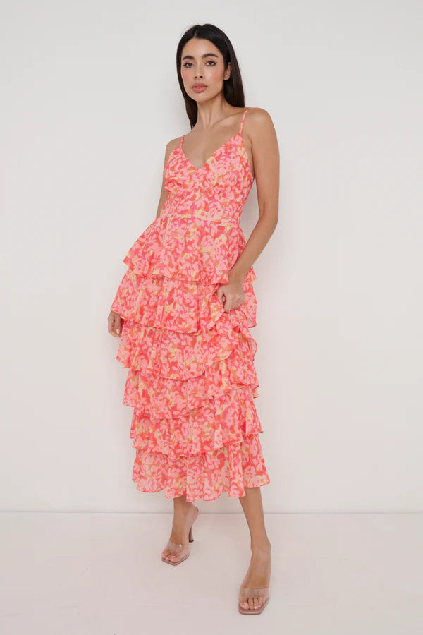 Special Offer For You LISSY RUFFLE MIDAXI DRESS (ORANGE/PINK)