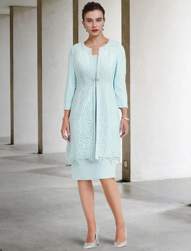 Latest Trends Two Piece Sheath / Column Mother of the Bride Dress Church Elegant Winter With Jacket Half Sleeve Scoop Neck Knee Length Lace Stretch Chiffon Crystal Brooch Latest Trends Two Piece Sheath / Column Mother of the Bride Dress Church Elegant Winter With Jacket Half Sleeve Scoop Neck Knee Length Lace Stretch Chiffon Crystal Brooch
