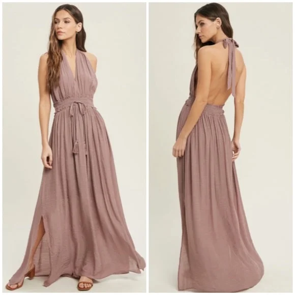 Boutique Styles Dark Mauve Solid Halter Smocked Waist Maxi Casual Boho Dress w/ Side Slits Boutique Styles Dark Mauve Solid Halter Smocked Waist Maxi Casual Boho Dress w/ Side Slits